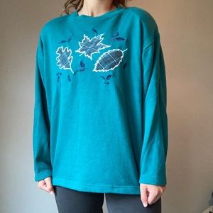 Vintage Grandma Teal Fall Leaf Embroidered Sweatshirt